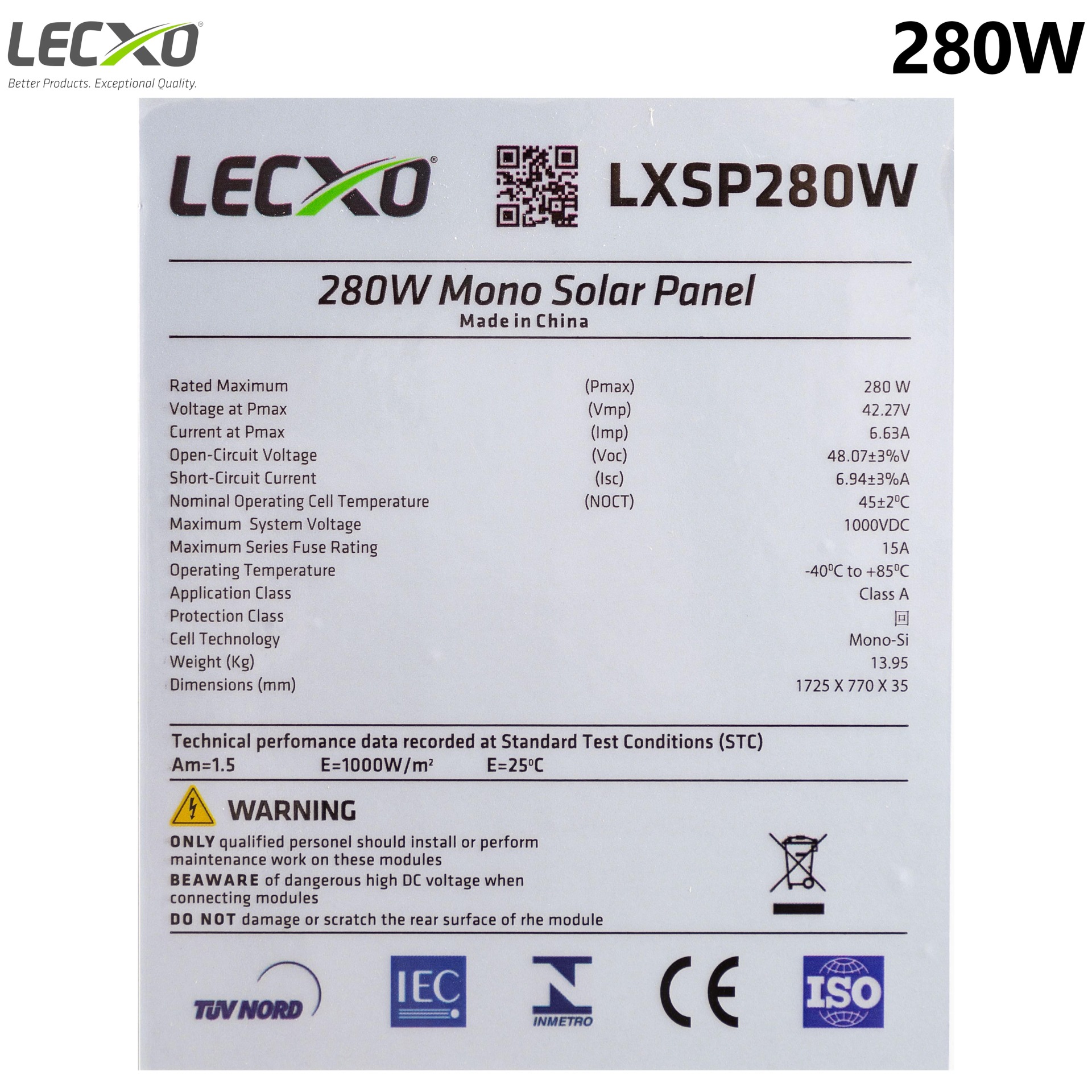  دیتا شیت پنل خورشیدی 280 وات لکسو Lecxo 